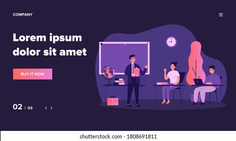 Happy school students sitting at desk in classroom. Girls and guys listening to lecture at college class. Vector illustration for audience, lesson, education, teacher job concept