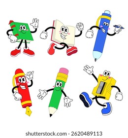 Happy School Supplies Cartoon Character Set