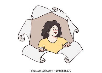 Happy school times and back to school concept. Young happy positive schoolchild girl looking from damaged broken paper feeling positive vector illustration 