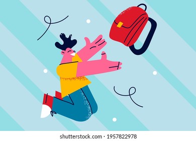 Happy school times concept. Young happy positive preteen schoolchild boy catching backpack wearing pants trousers footwear isolated pastel blue color background vector illustration 