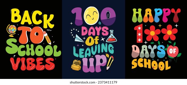 Happy School T-Shirt Design Celebration. Back to school vibes, 100 days of leveling up, happy 100 days of school kids t-shirt collection. Perfect for print items, posters, graphic templates