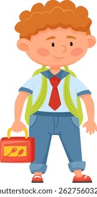 Happy schoolboy with curly red hair, wearing a colorful backpack and carrying a lunchbox, joyfully heading to elementary school, preschool, or kindergarten, radiating excitement and positivity
