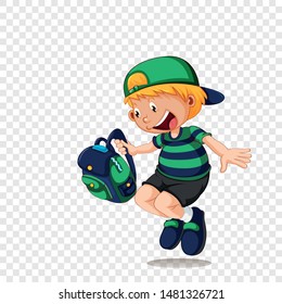 Happy schoolboy in green jumps holding a backpack in his hands.