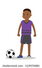 Happy schoolboy with soccer ball,kid character in front view,isolated,flat vector illustration