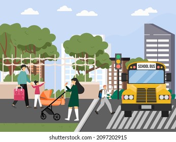 Happy schoolboy, student with backpack boarding yellow school bus, vector illustration. School transportation service.