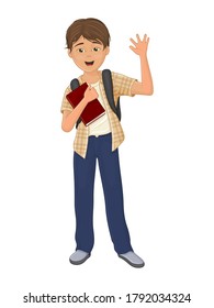 Happy schoolboy with a textbook. Isolated object on a white background. Cartoon style. Object for greeting, packaging, advertising, or template. Vector illustration.