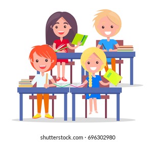 Happy schoolchildren in classroom isolated on white background. Vector of classmates sitting at desks with piles of books, back to school concept