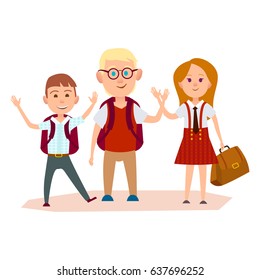 Happy schoolchildren with color schoolbags waving their hands vector illustration on white background. Friendship of two boys and red-haired girl.
