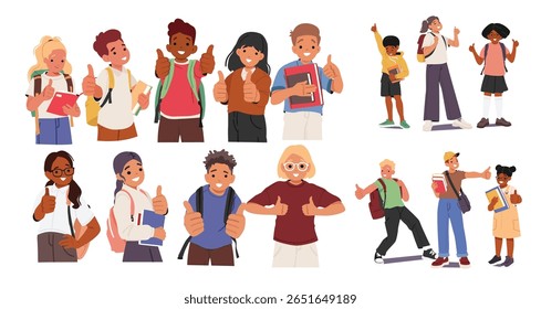 Crianças em idade escolar bonitos personagens de desenhos animados mostrando thumbsup sentimento animado viga atitude positiva conjunto isolado no fundo branco. Voltar para a escola e ilustração vetorial do processo educacional