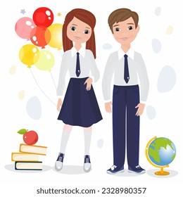 Happy schoolchildren. Cute teenagers in school uniform. Balloons, a stack of books, an apple, a globe. School theme. Vector illustration.