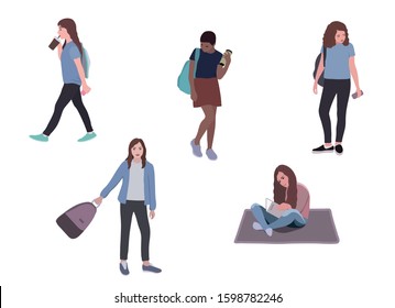 Happy schoolchildren spend time after school, go home with a backpack, read a book, drink coffee. Vector set  Isolated  images on a white background.