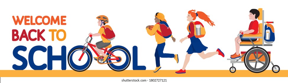 Happy schoolers hurry back to school. Smiling schoolgirl, dark skin schoolboy run with backpacks and a basket ball, cycling on a bike, weel chair. School season beginning, inclusion vector concept. 