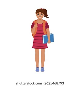 Happy schoolgirl with backpack and book vector illustration. Cheerful female student in a red striped dress icon. Back to school young woman drawing. Smiling girl standing front view cartoon