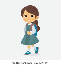 Happy Schoolgirl with Backpack Vector Illustration. A cheerful schoolgirl wearing a blue dress and backpack, ready for a day of learning and adventure. Perfect for educational and back-to-school theme