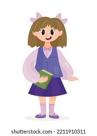Happy schoolgirl with book. Girl in blue jacket and skirt. 1 September. day of knowledge and autumn holiday. Education and training. Aesthetics and elegance, beauty. Cartoon flat vector illustration