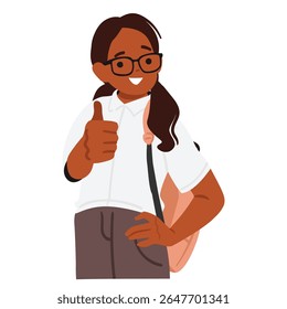 Personagem nerd do desenho animado da estudante feliz no uniforme que faz miniaturas desfrutando de volta à escola e ilustração vetorial da educação. Retrato de menina inteligente ativa isolado no fundo branco