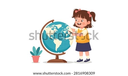 Happy schoolgirl exploring world map on terrestrial globe with magnifying glass isolated on white background.