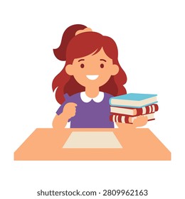Happy schoolgirl sitting at desk with stack of books and paper, looking focused and eager to learn