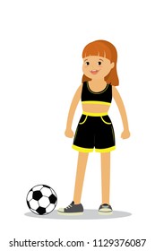 Happy schoolgirl with soccer ball,kid character in front view,isolated,flat vector illustration