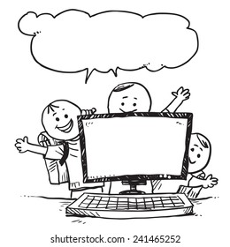 Happy schoolkids behind computer speaking,