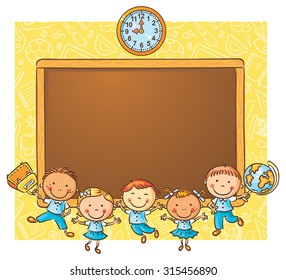 Happy schoolkids with a blackboard as a frame with copy space