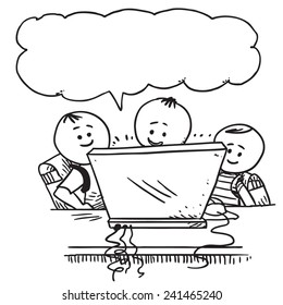 Happy schoolkids with computer speaking  