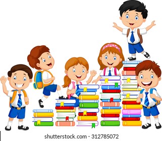 Happy schoolkids playing with stack of book