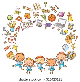 Happy schoolkids with a lot of school things as a frame with a copy space, isolated on white