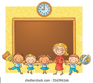 Happy schoolkids with their teacher at the blackboard as a frame with a copy space