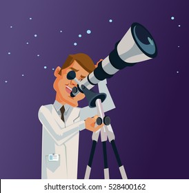 Happy scientist character looking through telescope at the universe galaxy stars. Vector flat cartoon illustration