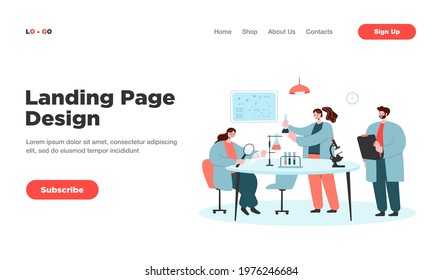 Happy scientist making research in laboratory isolated flat vector illustration. Cartoon medical students in white coats conducting chemical test. Chemistry and science concept