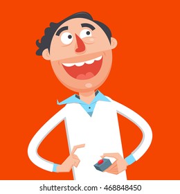 Happy scientist press red button flat style. Guy with smile. Cartoon colorful vector illustration