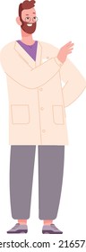 Happy scientist standing. Man in lab coat and glasses isolated on white background