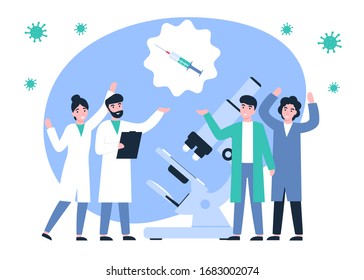 Happy scientists discovered a vaccine against coronavirus. Ncov, covid 2019, Coronovirus collection. Novel pandemic. Flat vector cartoon modern design illustration.