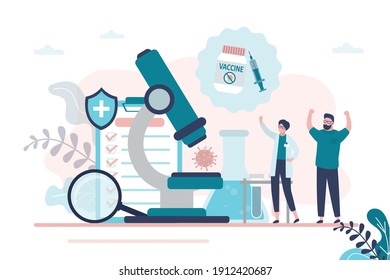 Happy scientists discovered vaccine against covid-19. Different medical equipment-microscope, syringe and test tubes. Concept of scientific development, virology and biotechnology. Vector illustration