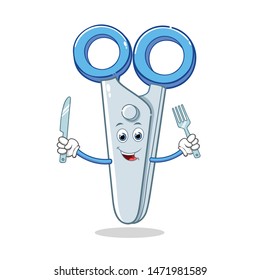 Happy Scissors Cartoon Mascot Character Holding Silverware. 