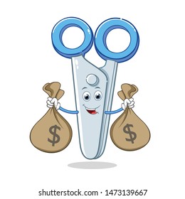 Happy Scissors Cartoon Mascot Character Holding Money Bag.
