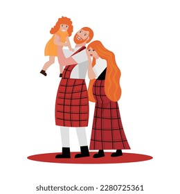 Happy Scottish family on white background