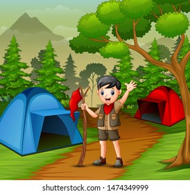 Happy scout boy camping in forest illustration