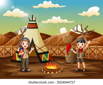 Happy scout boy and girl at camp site illustration