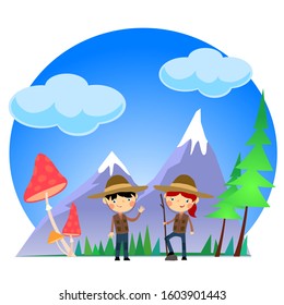 Happy Scout Children on Nature. Blue Sky Background, Clouds, Mountains, Trees, Mushrooms. Vectoral Illustration Flat Design 