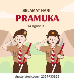 Happy Scout Day 14. August Indonesian Festival Tag. Selamat Hari Pramuka. Vektorgrafik. Junge und Mädchen Student feiern Pramuka-Tag.