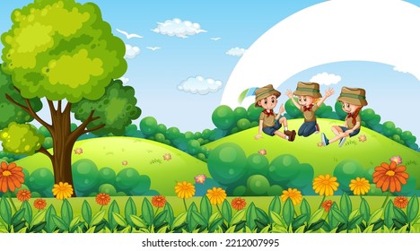 Happy scout kids at park illustration