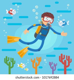 Happy scuba diver swimming over the coral reef with fishes, A vector illustration of a scuba diver diving in the ocean