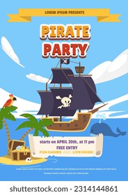 Happy sea adventure vector poster of pirate party, flyer. Pirate ship sails with whale, treasure island with treasure jewels and parrot. Cartoon pirate birthday celebration invitation cards for kids