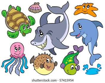 Happy sea animals collection - vector illustration.