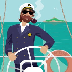 Happy Sea Captain Looks Funny With A Mustache And A Pipe Standing On The Deck Of The Ship And Rotates Ship Steering Wheel. Sunny Weather - Profession Or Sailor Concept. Vector Illustration