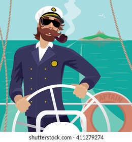 Happy sea captain looks funny with a mustache and a pipe standing on the deck of the ship and rotates ship steering wheel. Sunny weather - Profession or Sailor concept. Vector illustration