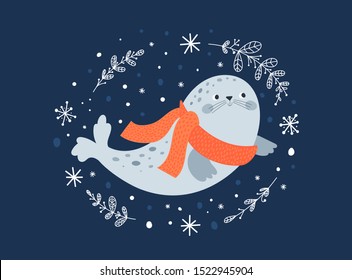 Happy sea fur seal isolated on dark background. Adorable ocean animal with floral ornament and snowflakes. Childish vector illustration in flat style. For card, poster, decoration, print and textile.