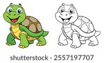 Happy Sea Turtle Cartoon Coloring Page For Kids. Underwater Animal Character Vector Illustration
